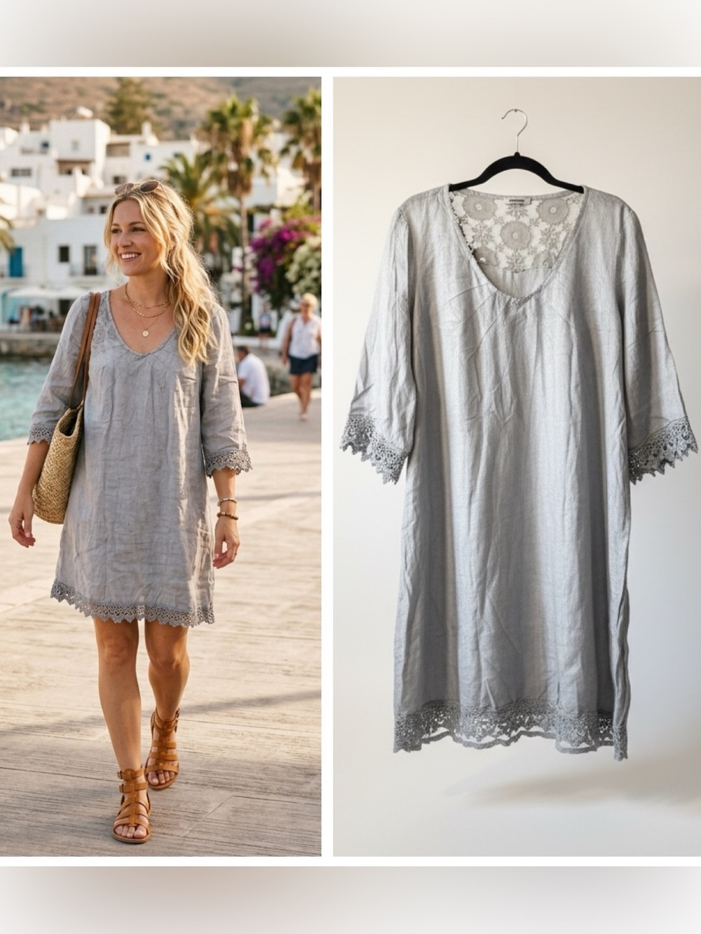 Rosemarine NEW 100% Linen Dress V Neck Crochet Hem Floral Lace Back Boho Gray 1X